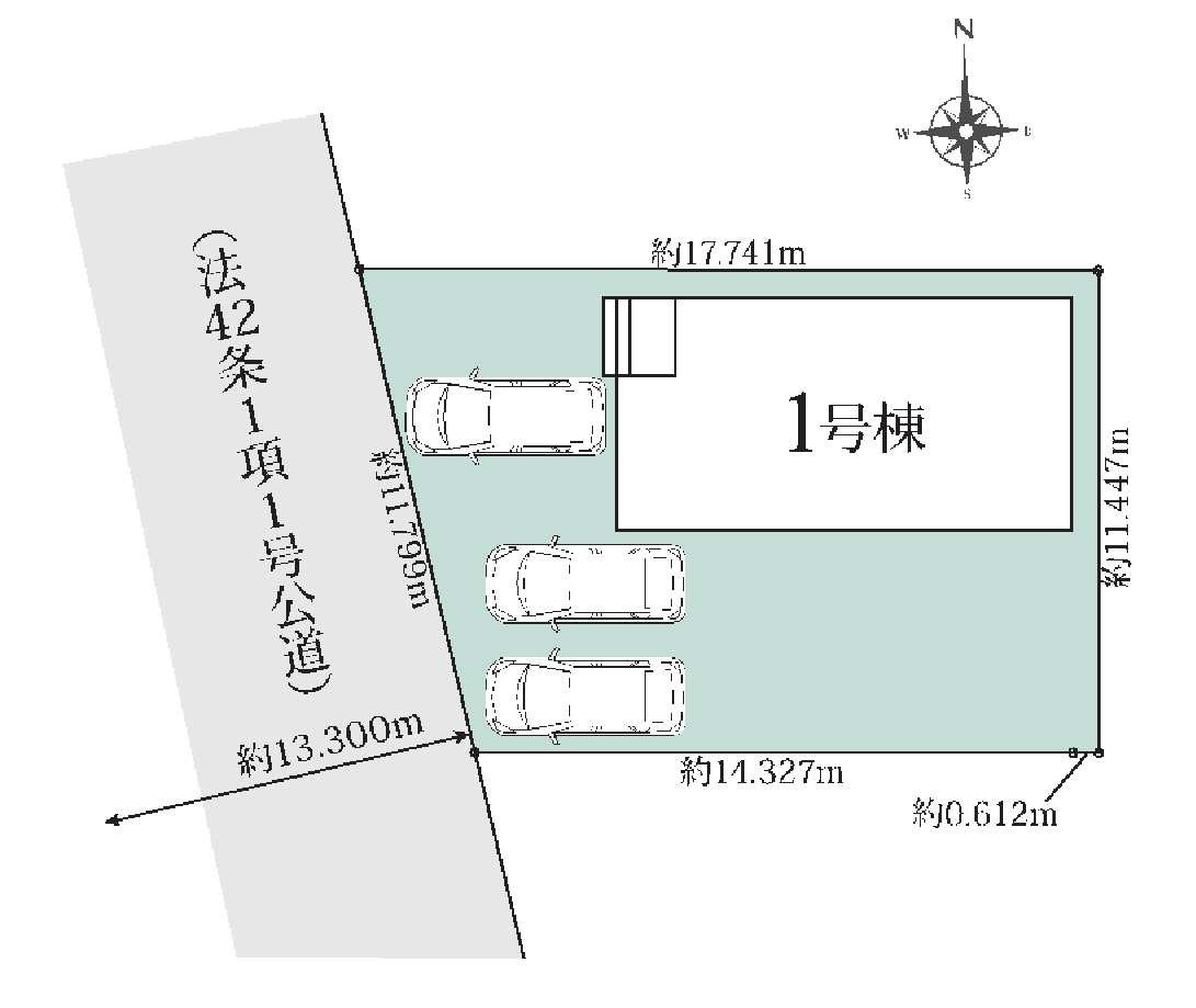 新築　前橋市朝日が丘町1期　LIGNAGE　１号棟の区画図|1号棟　区画図　西側接道幅員約13ｍ
