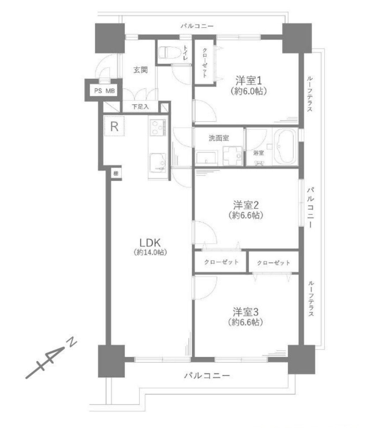 エレガントライフ松戸の間取り|3LDK 専有面積73.11m2 バルコニー面積13.82m2
使い勝手の良い間取り設計で、ファミリ一世帯にもおすすめです。