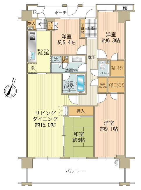 102.64㎡の4SＬＤＫ。
専用使用権のある広めの玄関ポーチとトランクルームも有り