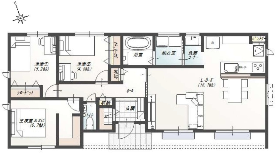 土佐市高岡町丙　建築条件付　売土地の参考プラン|プラン例　建物価格　2,760万円　土地面積　193.82㎡　（約58.63坪）　建物面積　82.4㎡（約24.92坪）