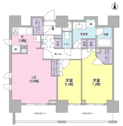 スタイリオ蒲田の間取り|全部屋南向きバルコニーに面した収納豊富な2LDK