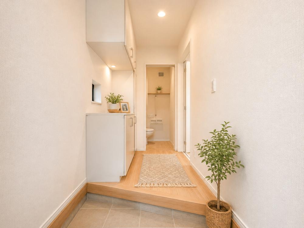 【Heartfull Town】小平上水南町２丁目511の玄関|天井まで届く大容量の玄関収納で、生活感の出やすい玄関を常に綺麗にキープ。
※家具・小物等は、生成AIによるイメージです。