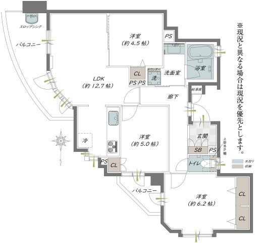 クレアシティ鶴見花博通りの間取り|中古マンション　3LDK　専有面積：66.36平米　バルコニー面積：8.36平米　北東向き