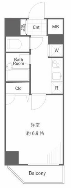 リクレイシア蒲田の間取り|西向きバルコニーの1K洋室6.9帖バストイレ別