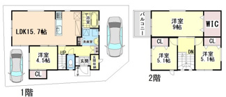 【間取り】 | 高槻市芝生町1丁目　築浅中古戸建 | ■令和3年建築 の築浅戸建スタイリッシュな外観のお家です♪■北東角地で南側に建築物がなく陽当たり・通風良好！■南面バルコニー■全居室フローリング■全居室クローゼットあり
