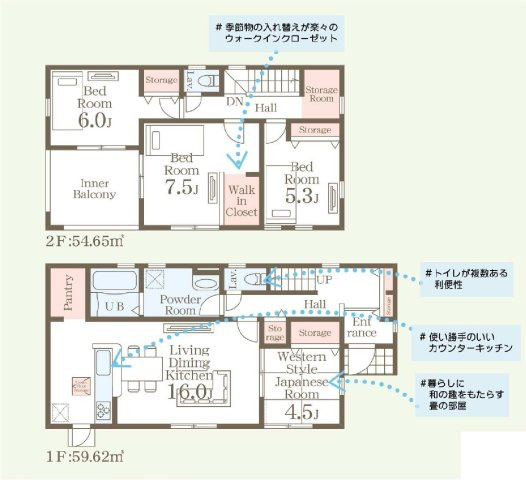 新築　伊勢崎市豊城町第１　Livele Garden.S　１号棟の間取り|建物面積114.27㎡　全居室南向きで日当たり良好！パントリー・納戸収納・ウォークインクローゼット・各部屋収納付きで便利です！インナーバルコニーなので突然の雨でもお洗濯物も安心です♪
