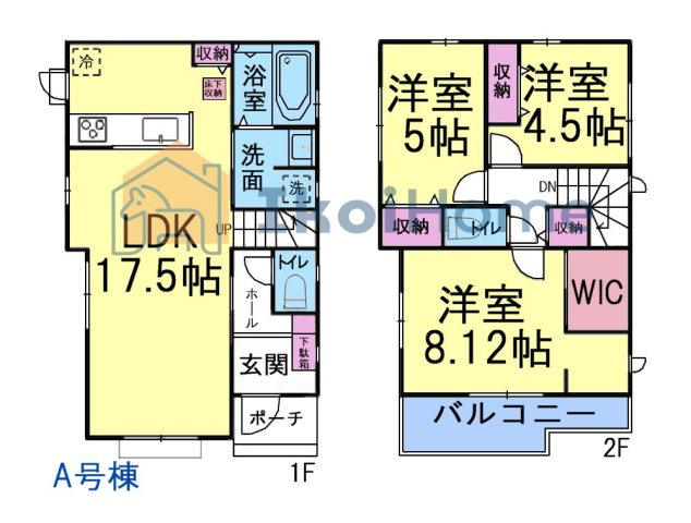 明石市魚住町西岡　全２棟A号棟　新築戸建　の間取り|【ホームページに現地動画掲載中】●年中無休：当日予約可●LDK17.5帖で開放的！2階洋室3部屋あり