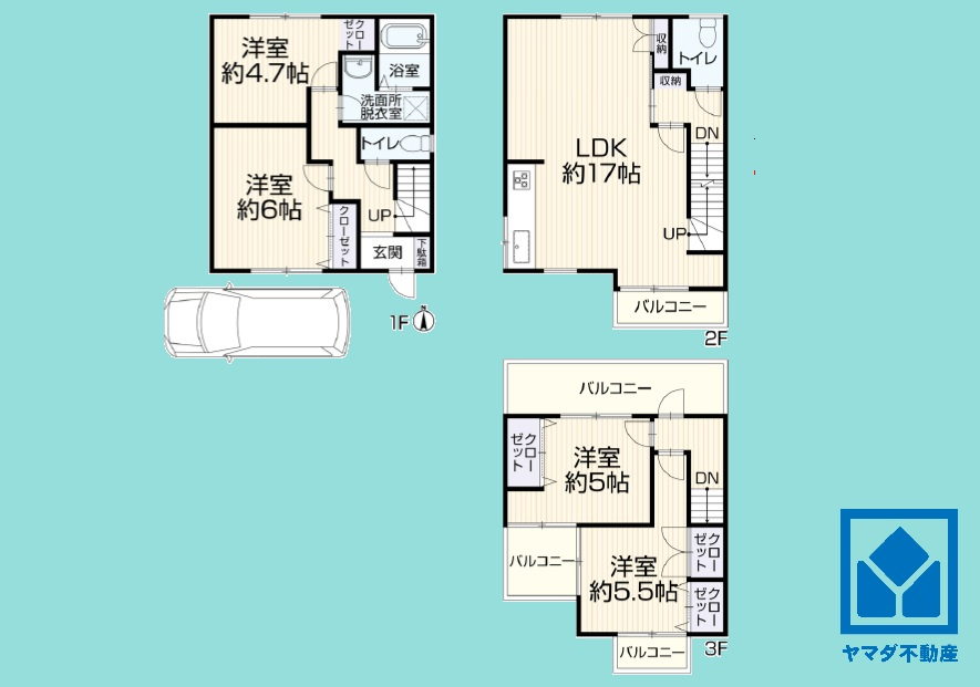 尼崎市水堂町１丁目の間取り|5LDK、土地面積68.66平米、建物面積102.40平米、軽量鉄骨造3階建。