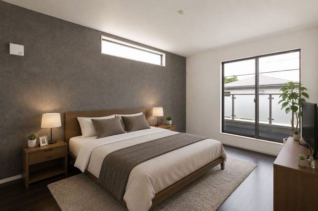 テラシエ安倉中6丁目新築一戸建て│4LDK+並列駐車2台可の寝室|主寝室にはアクセントクロスを配置し、採光も十分に考えた設計をしています。 アクセントクロスはそんなときの「発想」を手助けします。※家具・小物はCGによるイメージです。実際には設置されておりません。