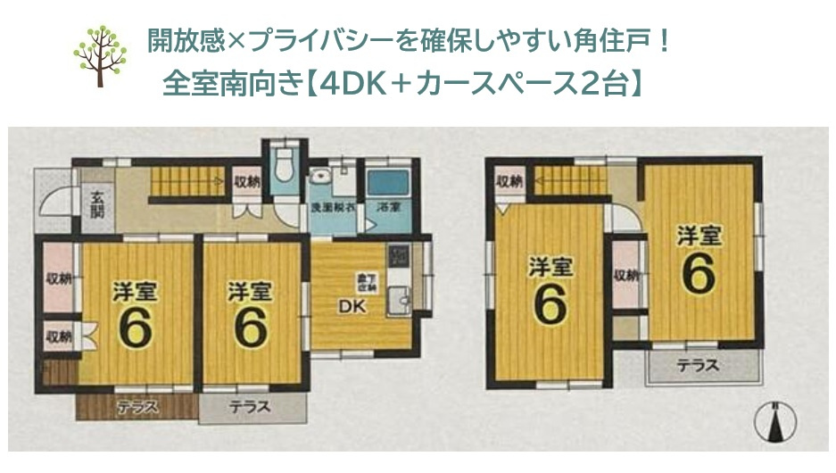 厚木市山際　中古戸建　38.65坪の間取り|全室南向き◎明るく心地よい住空間が広がる4DK！　　
4部屋すべて洋室のため、子ども部屋や書斎など、ご家族のライフスタイルに合わせて使い分けられます♪