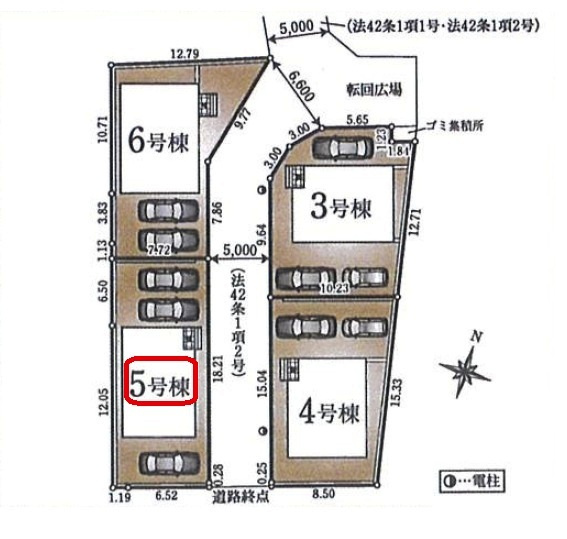 清瀬市下清戸1丁目・全4棟　新築一戸建　5号棟の区画図|【全4棟・5号棟】土地面積143.06平米（約43.27坪）カースペース3台（車種による）
