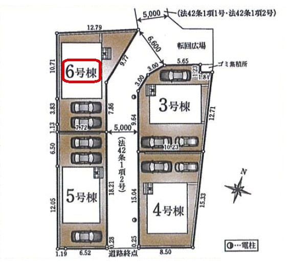 清瀬市下清戸1丁目・全4棟　新築一戸建　6号棟の区画図|【全4棟・6号棟】土地面積143.06平米（約43.27坪）カースペース2台（車種による）
