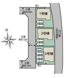 【区画図】 | 平塚市入野 3号棟 | ３号棟　西側5m道路　カースペース４台（車種による）　庭
