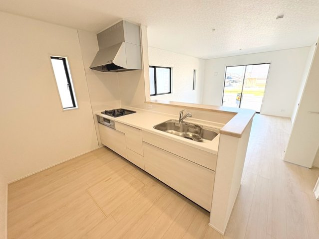 クワイエ　各務原市蘇原菊園町第1　全4区画分譲のキッチン|お手入れがラクなステンレスをワークスペース部分トップに使用した、機能的で美しいシステムキッチンです。
浄水器組込み水栓でシンクまわりがスッキリ広々お使いいただけます。フラットな造りでお掃除も楽々です。