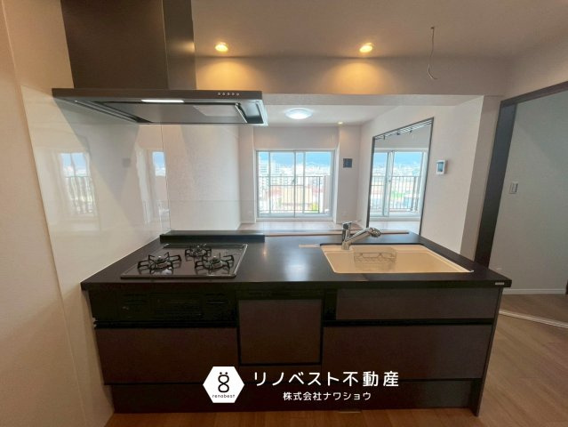 若江岩田スカイハイツのキッチン|食洗機が新設されたシステムキッチン♪正面に吊戸棚がなく、リビングがしっかり見渡せます◎