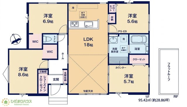 【間取り】 | 土浦市板谷6期　新築戸建 | 8.6帖の広々寝室には大容量Ｗ.Ｉ.Ｃ付き(^^♪