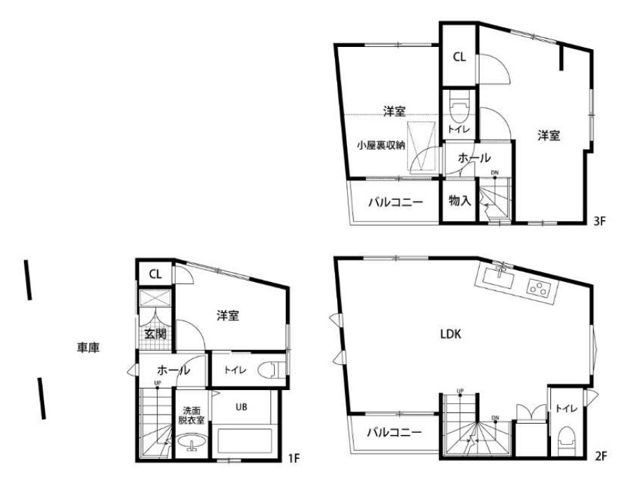 豊島区北大塚3丁目の間取り|土地面積45.77㎡　建物面積70.76㎡　3階建　3LDK　小屋裏収納　カースペース(車種制限あり)付