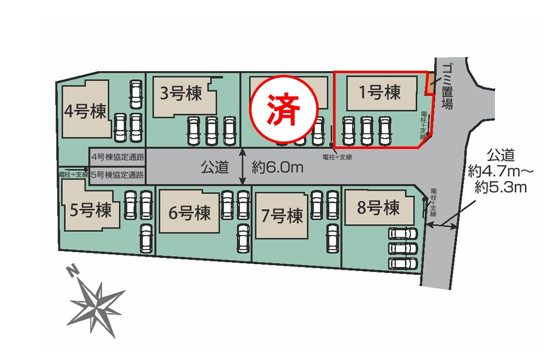 大玉村大山字行屋　　　　１号棟　　　大山小学校、大玉中学区の区画図