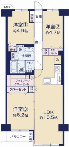 ハイツ越谷の間取り|3LDK 専有面積74.10m2 バルコニー面積3.36m2
全室リノベーション済みの使いやすい間取りプランです。
