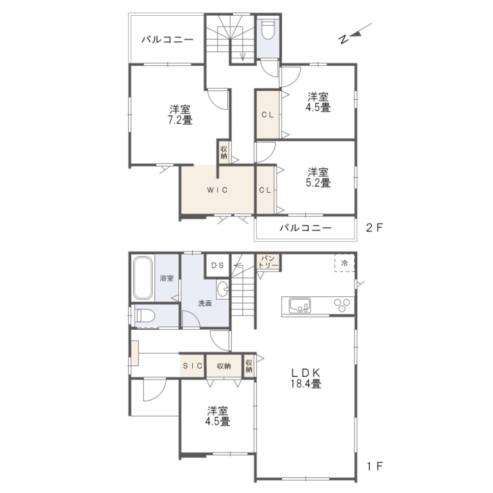 岡山市中区高屋　戸建ての間取り|4LDK、シューズインクローゼット、ウォークインクローゼット付の収納豊富な間取りです。