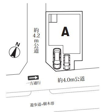 【仲介手数料無料】ふじみ野市新田―新築分譲住宅―限定1棟の区画図|南西角地で日当たり抜群！！駐車スペース並列2台確保しております！！