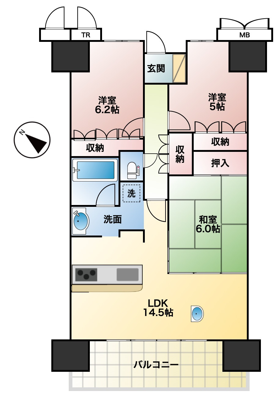 森都OSAKAウエストヴィルの間取り|中古マンション　3LDK　専有面積：71.37㎡（壁芯）　バルコニー面積：11.40㎡　南西向き