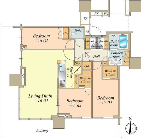 50階建て21階部分 3LDK+2WIC+S　84.20㎡ 南×西角のお部屋です。
レインボーブリッジと東京タワーを望みます。