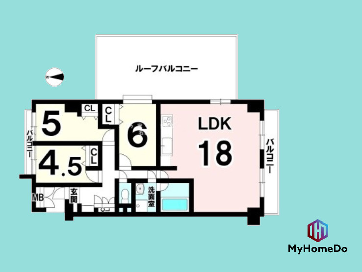 チサンマンション瓢箪山の間取り|広々18帖LDKに開放感あるルーフバルコニー付き。家族時間もひとり時間もゆったり楽しめる3LDKです