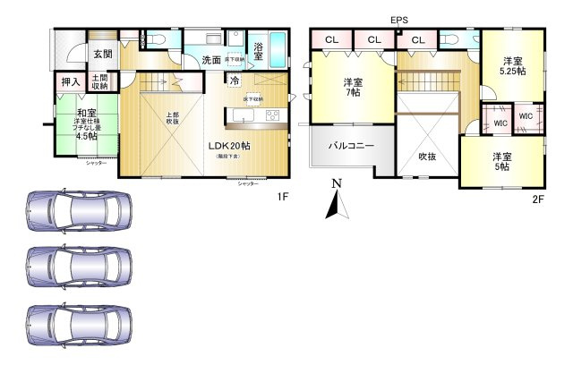 磯城郡田原本町黒田全4棟1号棟の間取り|4LDK　土地面積：200.95ｍ2　建物面積：108.06ｍ2　駐車３台可