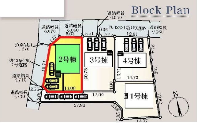 新築　前橋市富士見町時沢第11　クレイドルガーデン　2号棟の区画図|2号棟　区画図　西側接道幅員約4.6ｍ　北側接道幅員約6ｍ

