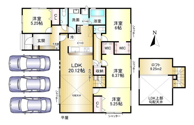 磯城郡田原本町黒田全4棟2号棟の間取り|3（4）LDK　土地面積：200.94ｍ2　建物面積：104.13ｍ2　駐車3台可