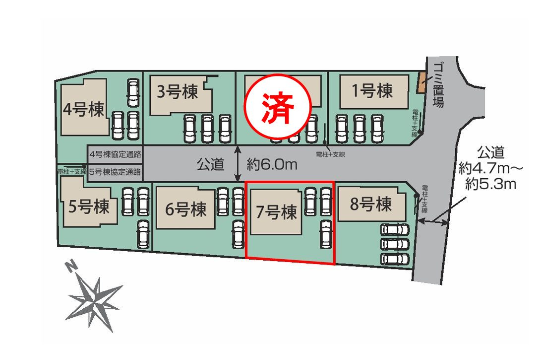 大玉村大山字行屋　　　７号棟　　　大山小学校、大玉中学区の区画図