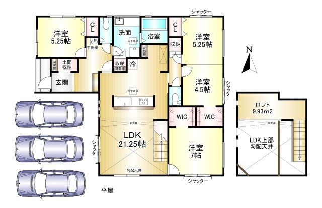 磯城郡田原本町黒田全4棟3号棟の間取り|3（4）LDK　土地面積：200.94ｍ2　建物面積：104.13ｍ2　駐車３台可