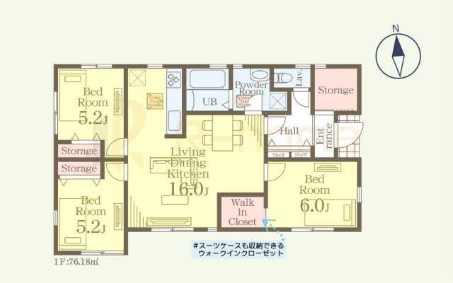 小美玉理羽刈第5　新築戸建て　1号棟の間取り|3LDK＋WIC、土地面積202.75ｍ2、建物面積76.18m2、ゴミ置場持分1.54ｍ2×1/3