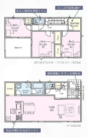 新築　前橋市富士見町時沢第11　クレイドルガーデン　3号棟の間取り|建物面積100.44㎡　広々22帖LDK・全居室南向きで日当たり良好♪パントリー・納戸収納・各部屋収納付きで便利です！インナーバルコニーなので急な雨でもお洗濯物も安心です。