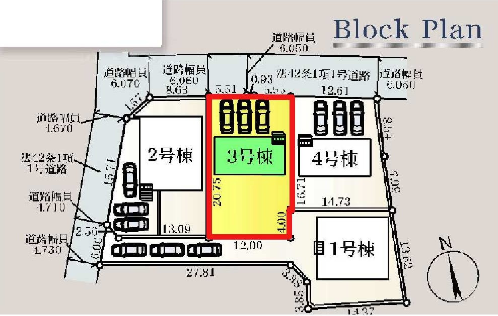 新築　前橋市富士見町時沢第11　クレイドルガーデン　3号棟の区画図|3号棟　区画図　北側接道幅員約6ｍ

