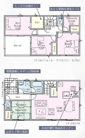 新築　前橋市富士見町時沢第11　クレイドルガーデン　4号棟の間取り|建物面積100.44㎡　広々18.2帖LDK・全居室南向き♪2.3帖のテレワークルーム付きプラン！ウォークインクローゼット・各部屋収納付きで便利！インナーバルコニーなので急な雨でもお洗濯物も安心です。
