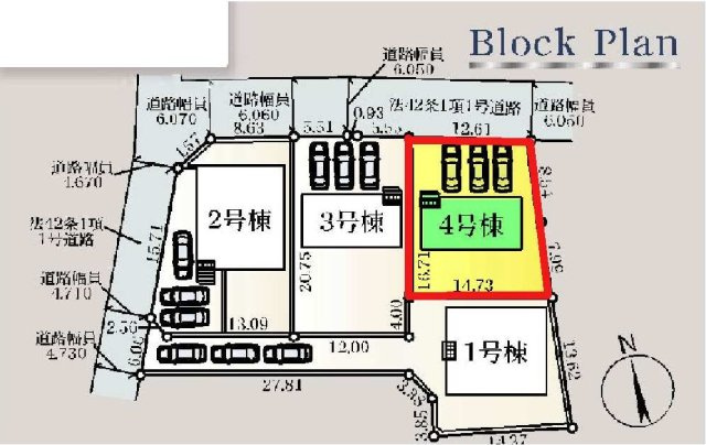 新築　前橋市富士見町時沢第11　クレイドルガーデン　4号棟の区画図|4号棟　区画図　北側接道幅員約6ｍ

