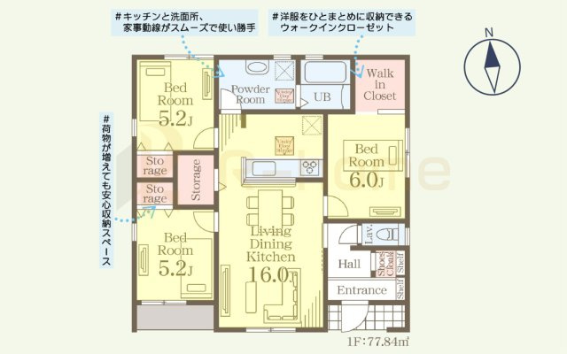 小美玉理羽刈第5　新築戸建て　3号棟の間取り|3LDK＋WIC、土地面積330.43ｍ2、建物面積77.84m2、ゴミ置場持分1.54ｍ2×1/3