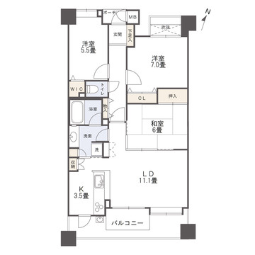 アーサー井尻エルファインの間取り|76.13㎡の広めの3LDK。南面に面した勝手口がある明るいキッチンが魅力的な間取り