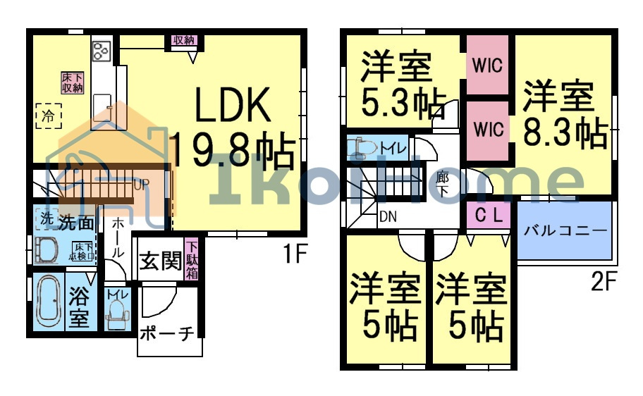 明石市魚住町西岡　新築戸建の間取り|●年中無休：当日予約可●1階LDK19.8帖！2階洋室4部屋！WIC2カ所あり収納豊富です！
