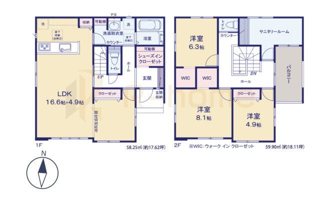 牛久市神谷10期　新築戸建て　1号棟の間取り|3LDK＋サニタリールーム＋WIC＋SIC、土地面積160.65m2、建物面積118.15m2