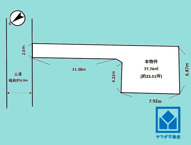 西宮市甲子園町の土地図|土地面積77.74平米（約23.51坪）