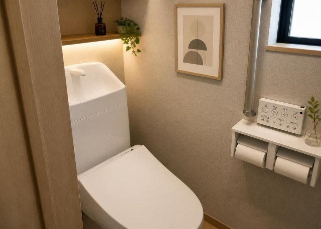 【トイレ】 | 快適に使用できる温水洗浄便座付きのトイレです。節水型トイレを採用しているため月々の水道代節約にも貢献します。1階と2階の合計2ヶ所に設置されているため、朝の忙しい時間帯も混雑せず快適に過ごせます。