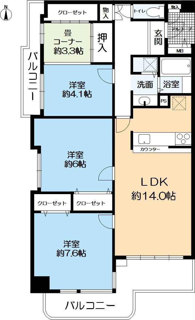 野村ステイツ六甲道の間取り|◇専有面積85.87㎡（壁芯）／バルコニー面積12.56㎡
◇広々３LDKでは、各居室が約６帖以上あり、ゆったりとした住空間で
お過ごし頂けます。