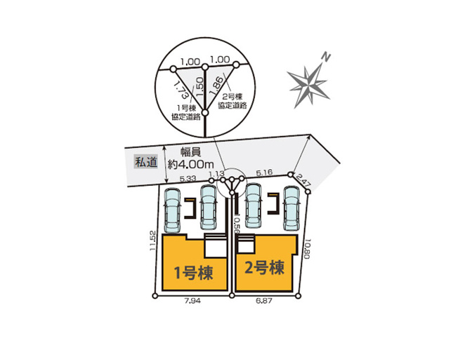 【区画図】 | ふじみ野市上福岡3丁目　新築一戸建住宅　全2棟　(ふじみ野店) | 1号棟/2台駐車できセカンドカーをお持ちの方、お車での来客の多い方にもおすすめです。※図面を基に作成しています。現況と異なる場合は現況を優先いたします。