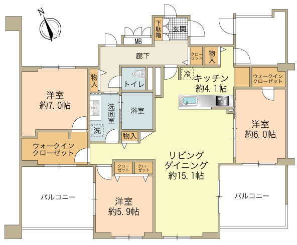 専有面積：103.33㎡　間取：3LDKタイプ　ルーフバルコニー3面
