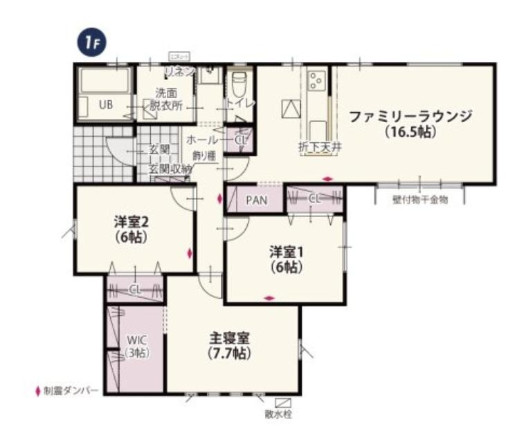 クライン古河雷電町第２期　新築一戸建て　02の間取り|全居室６帖以上のゆとりのある平屋建てのお家です♪