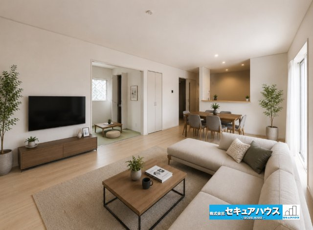 【本日ご案内可能】日進市赤池町箕ノ手　全5棟の居間・リビング|【リビングに家具を配置したイメージ図】
◆広々としたリビングのためダイニングテーブルや大きなソファを置くことができます。シンプルなデザインのリビングのため好きなテイストの空間をつくりやすいです。　　　