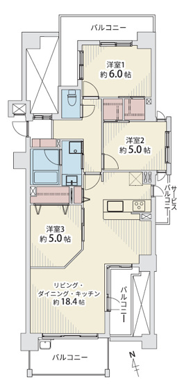 【間取り】 | ヴィルヌーブ阿倍野阪南町 | 三方角住戸☆【全洋室3LDK】室内フルリノベーション済み☆安心のアフターサービス保証付き☆食洗機・浄水器・バス追炊機能・浴室乾燥機・TVモニターホン完備☆一部内窓設置済み☆LED照明器具付きです☆
